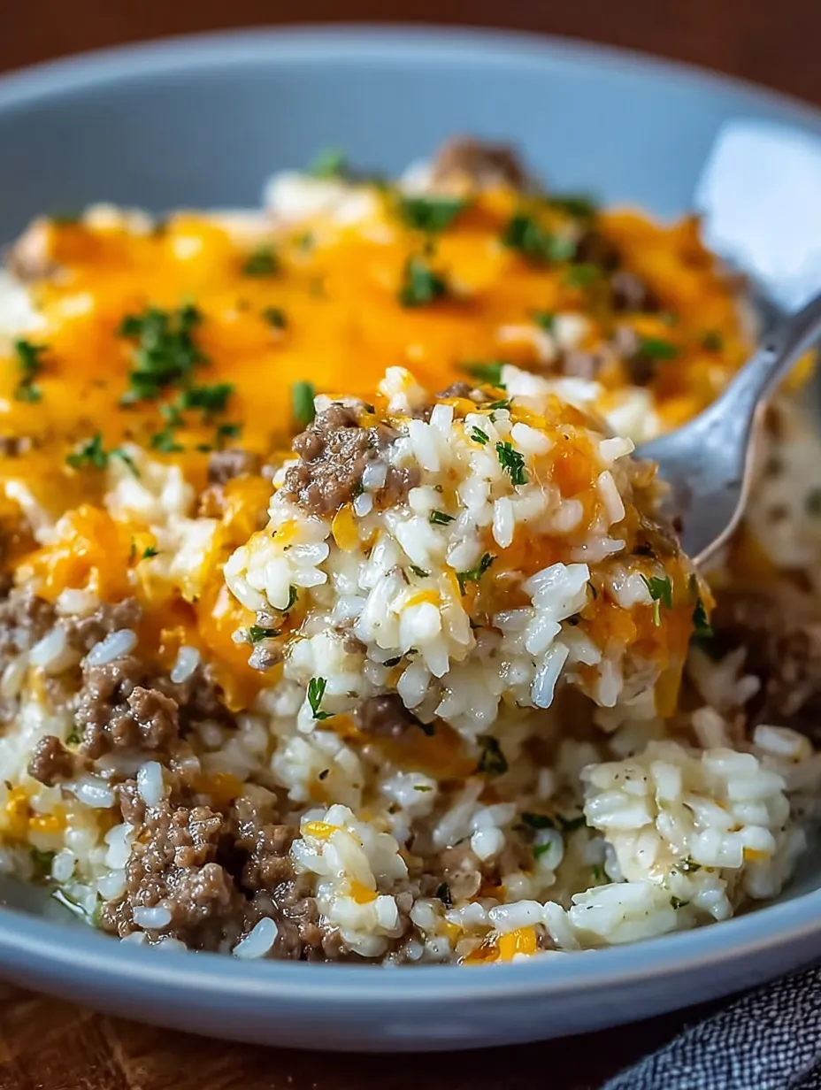 Hearty bowl with beef and rice.