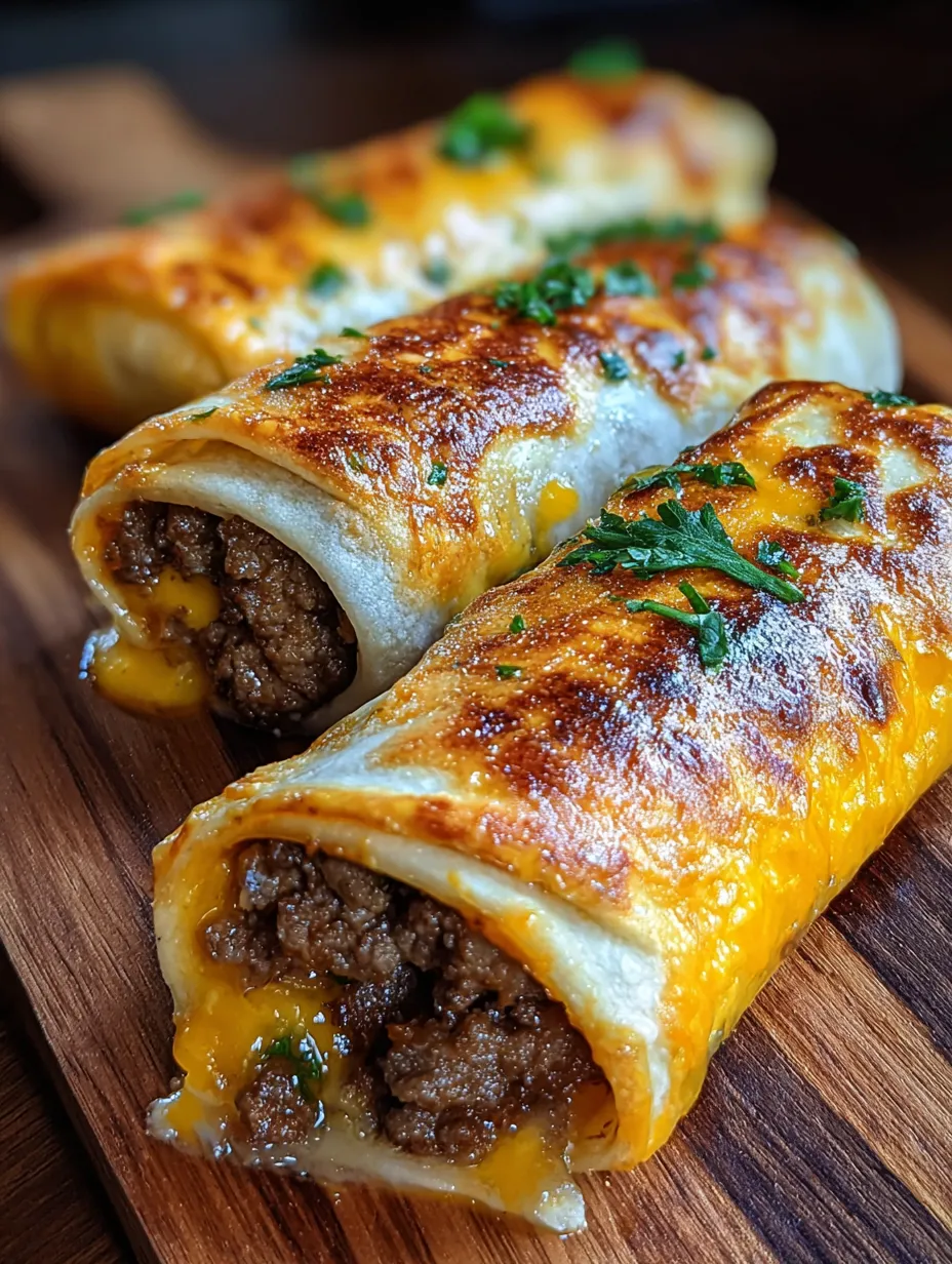 Two burritos filled with meat and cheese on a wooden surface.
