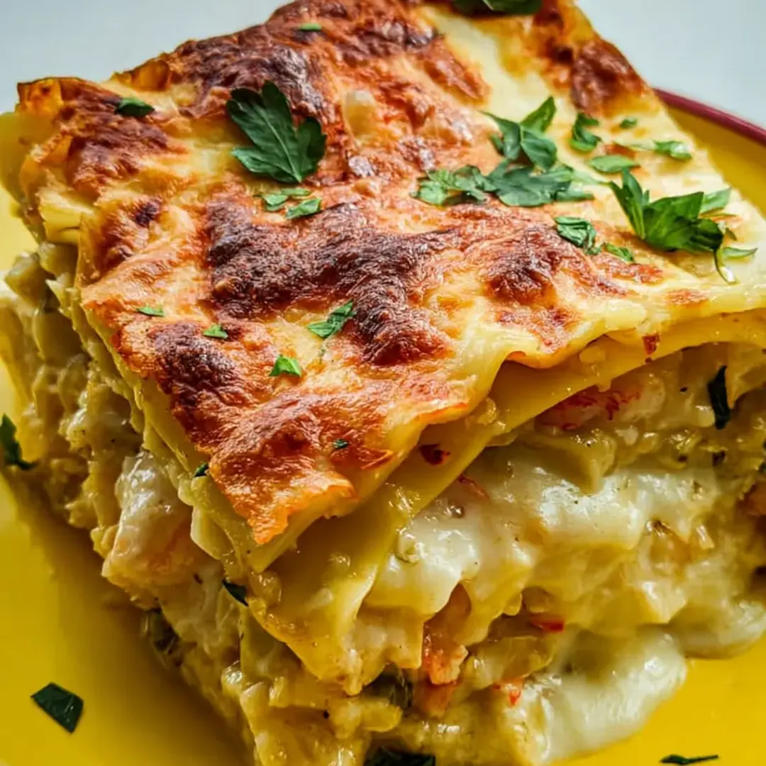 Several slices of lasagna stacked on a plate.
