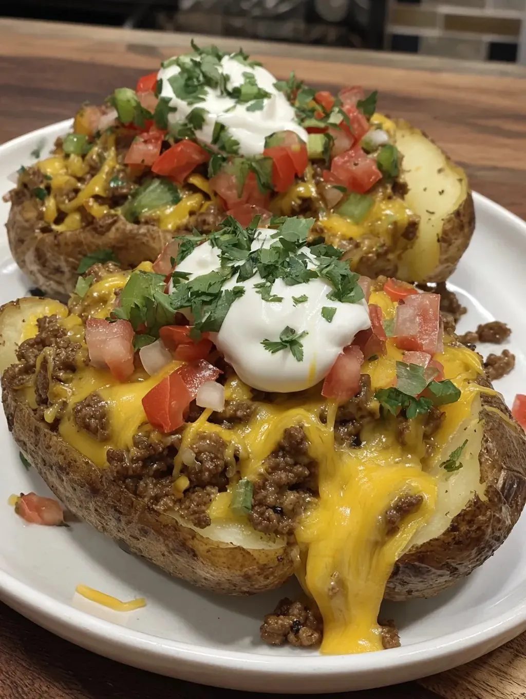 Two baked potatoes piled high with sour cream and chives.