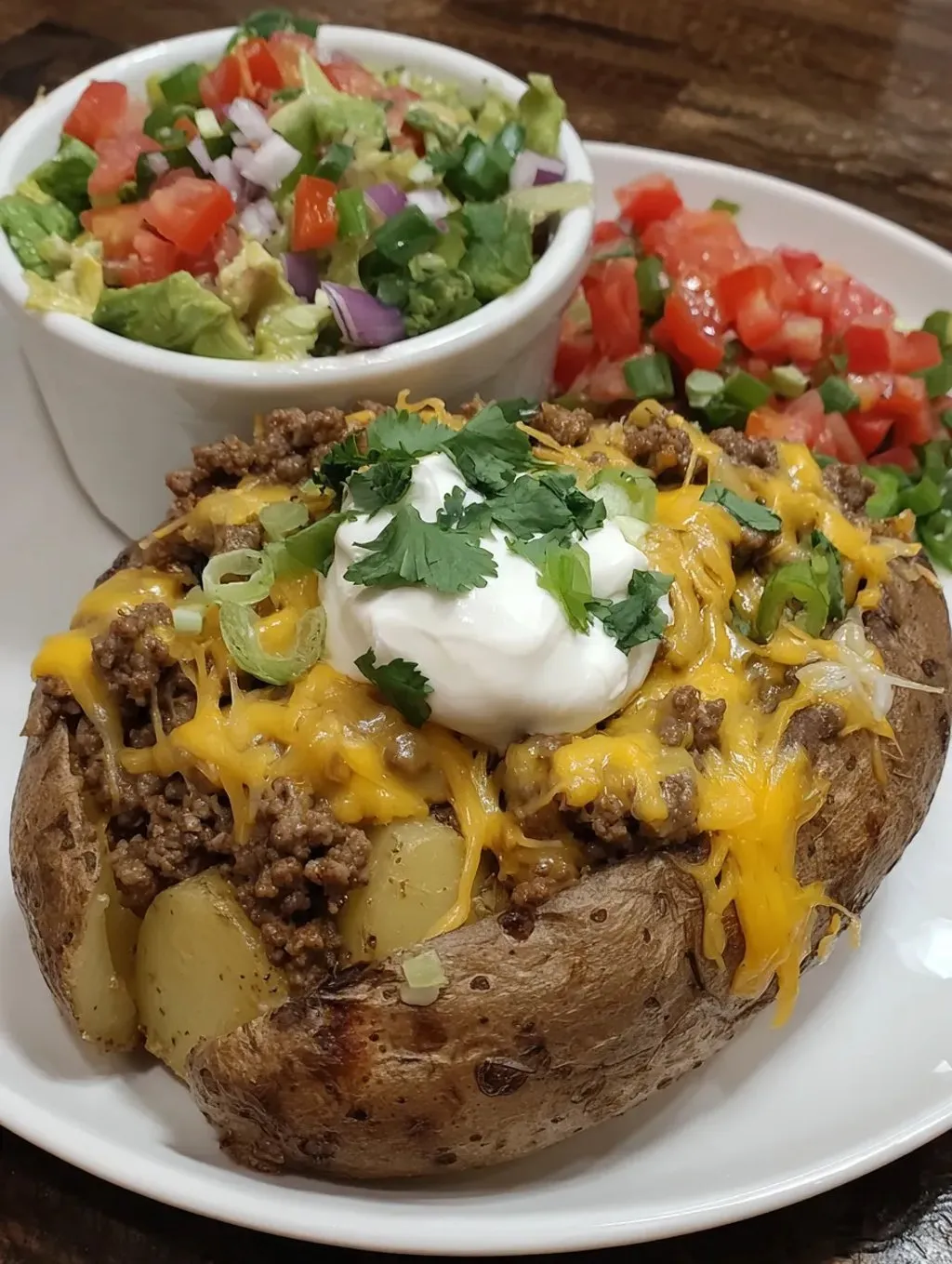 Plate with baked potato, lettuce, tomatoes, and a dollop of sour cream.