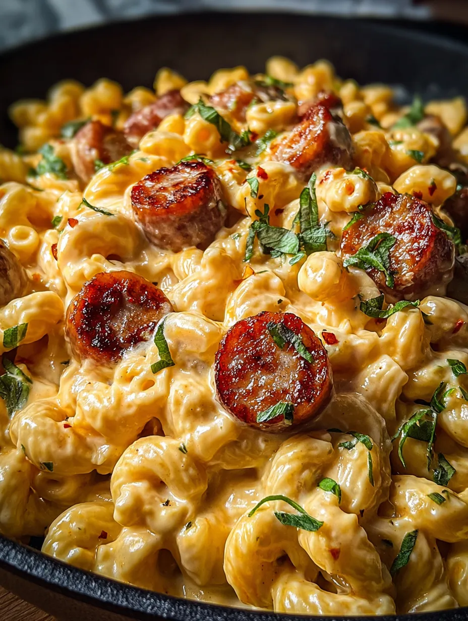 Macaroni and cheese bowl topped with sausage.