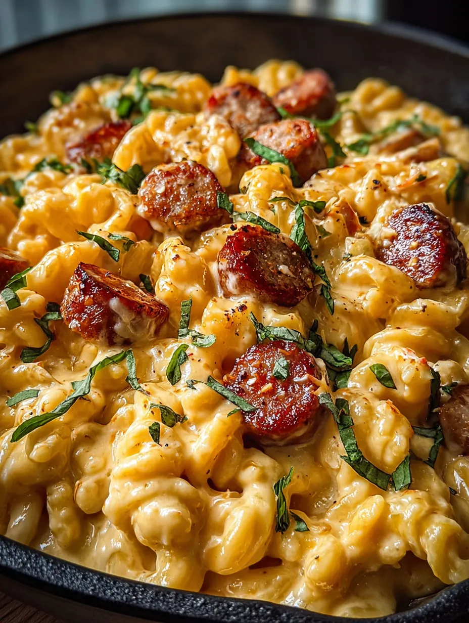 Zoomed-in shot of cheesy macaroni with sausage chunks.