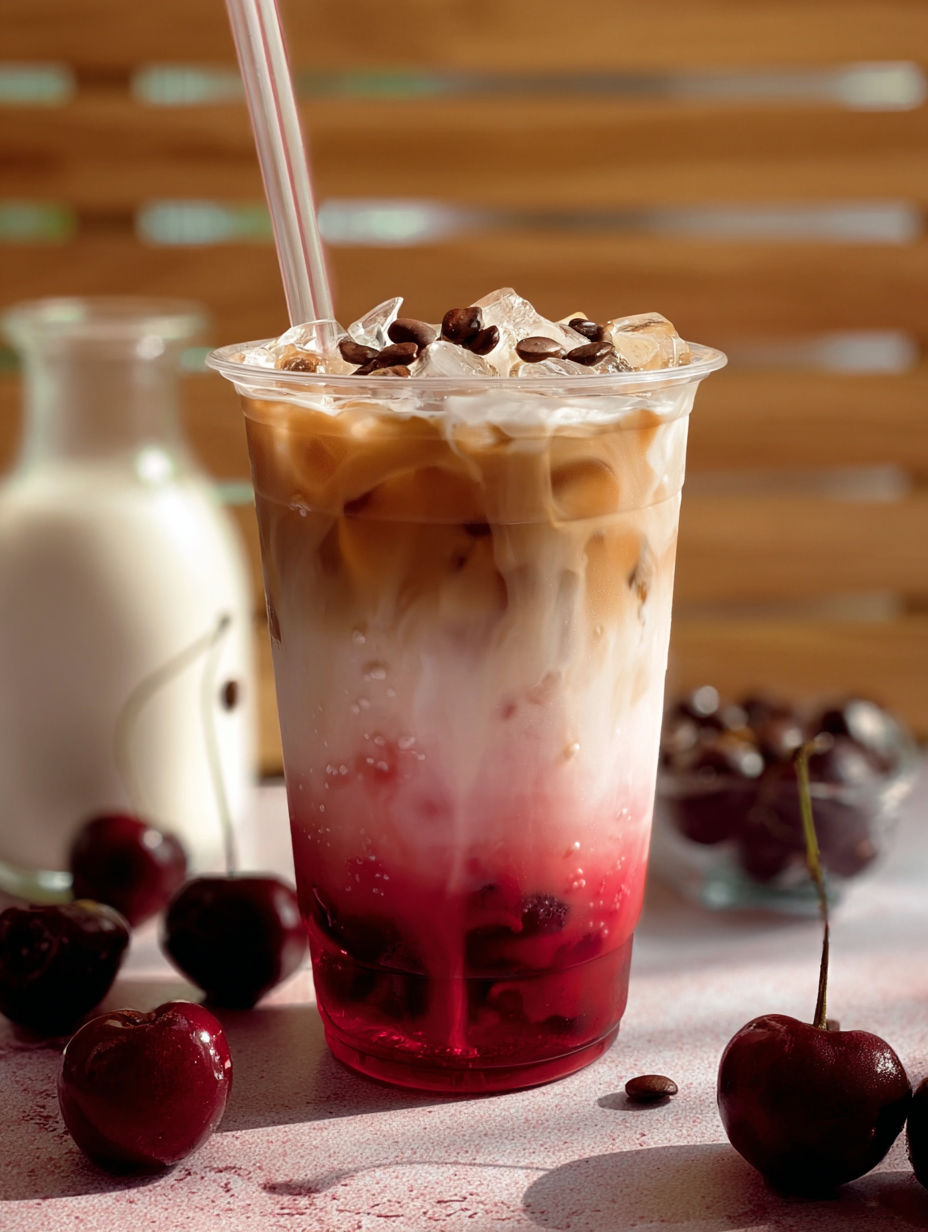 A glass of cherry vanilla iced latte.