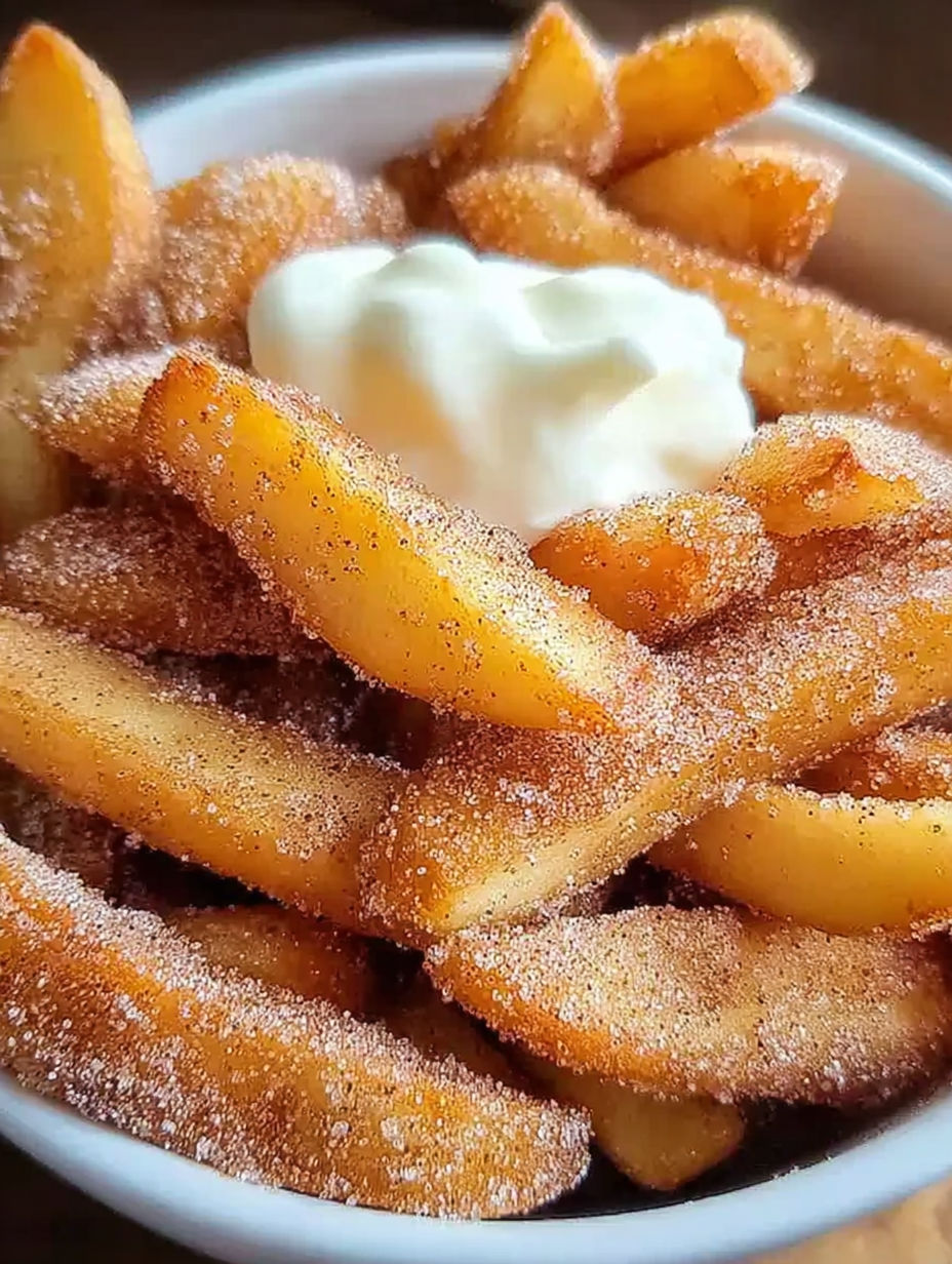 A bowl of cinnamon sugar apple fries.