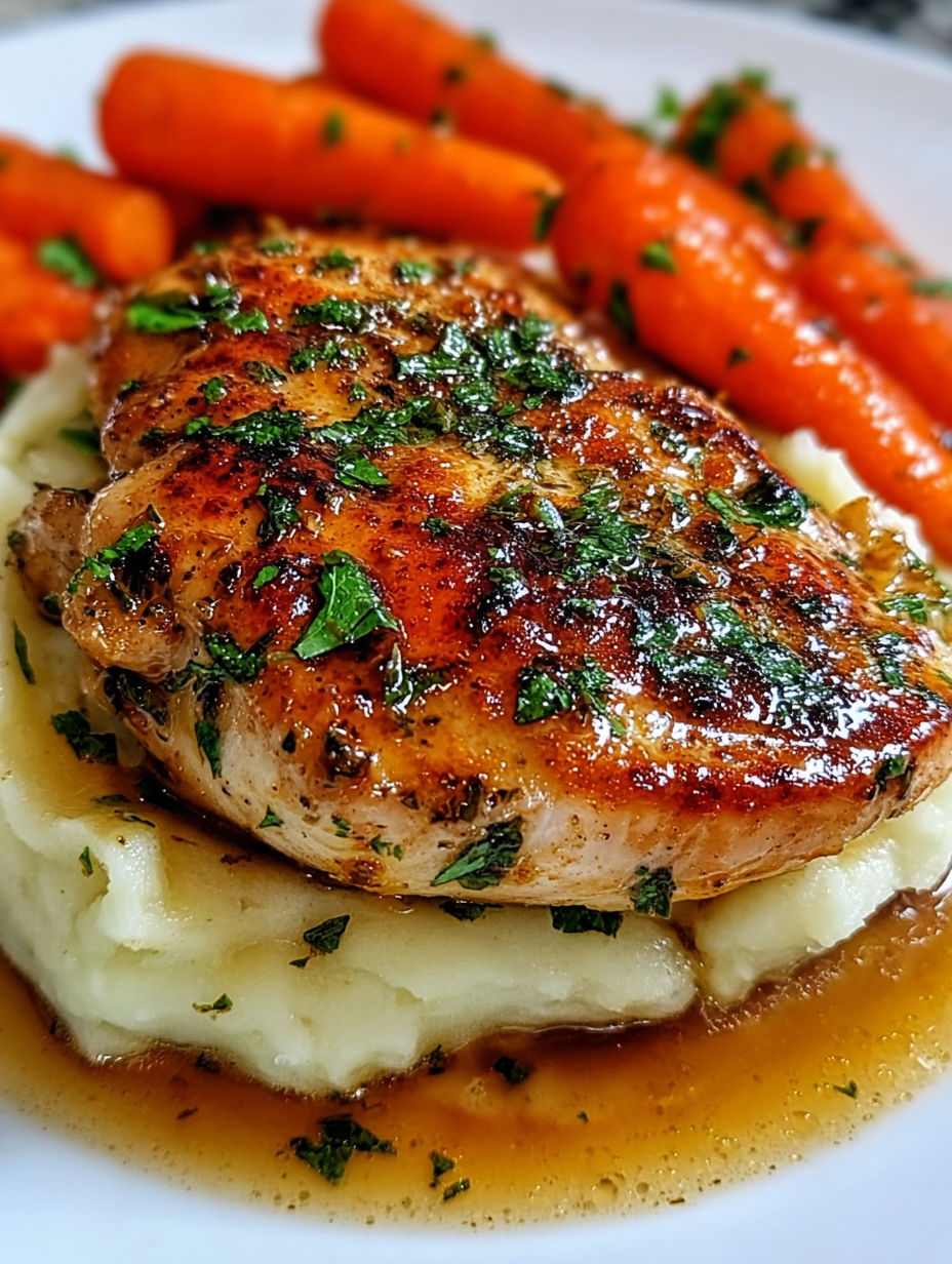 A plate of food with chicken, mashed potatoes, and glazed carrots.