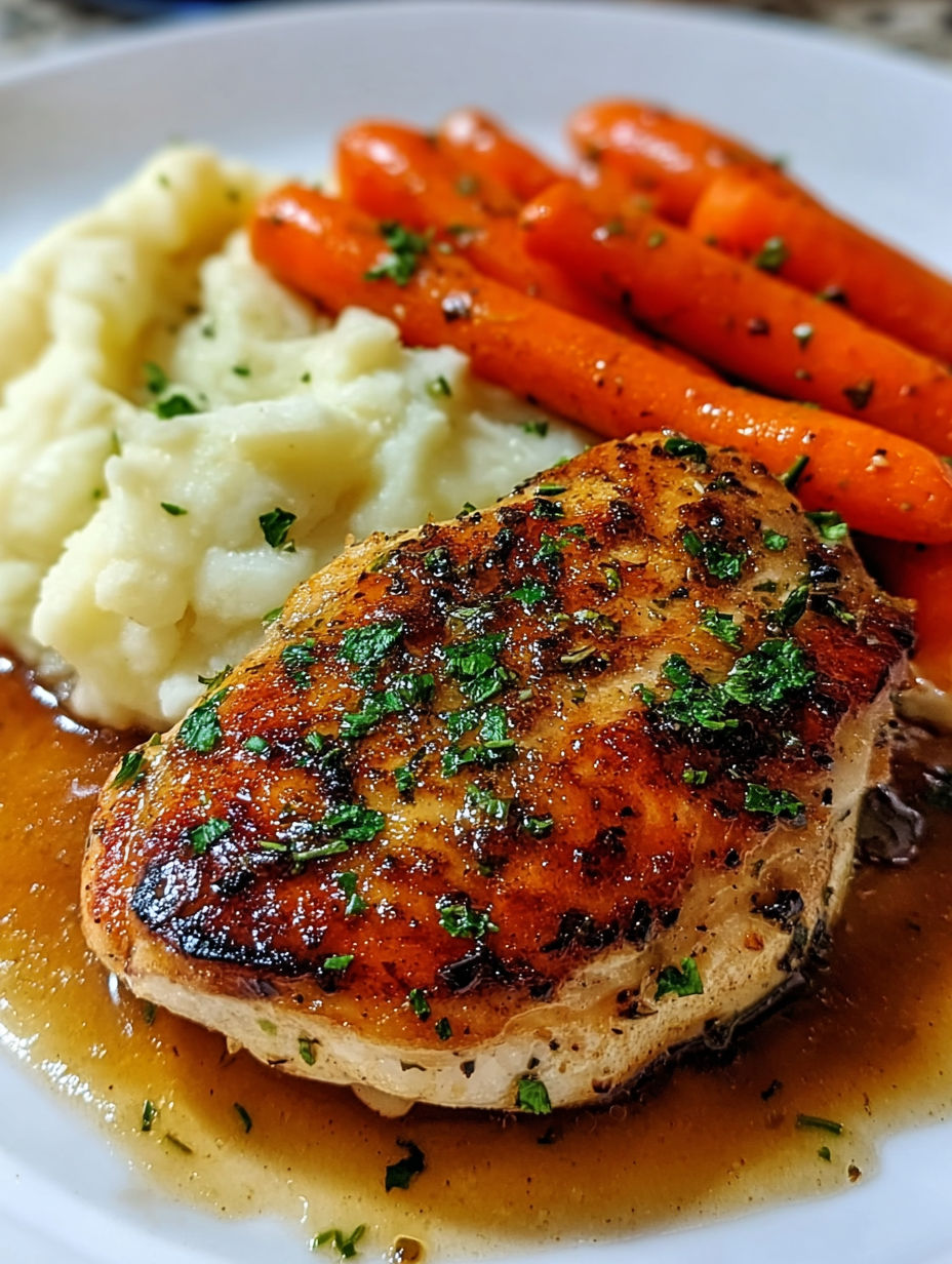 A plate of food with chicken, mashed potatoes, and glazed carrots.