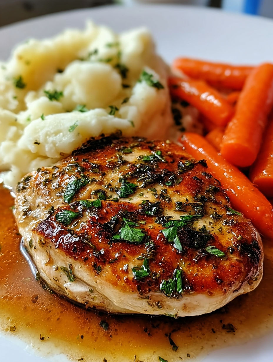 A plate of food with chicken, mashed potatoes, and carrots.