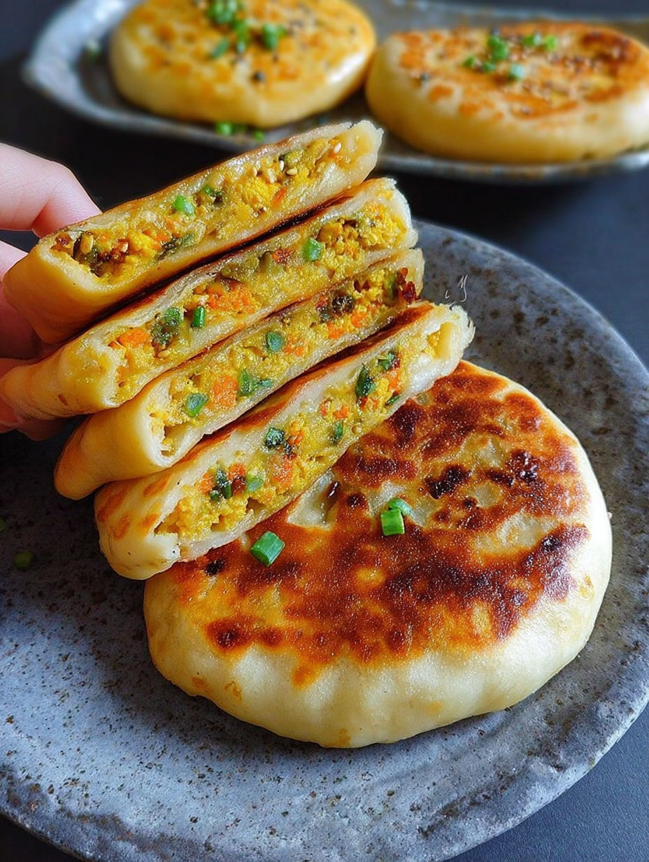 A stack of Chinese-style savoury stuffed breakfast pancakes.