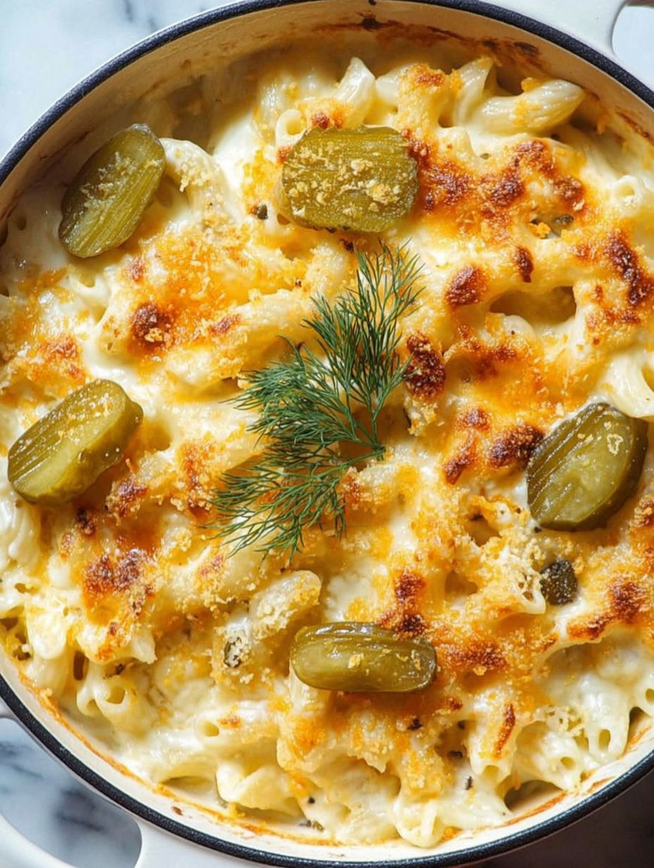 A bowl of mac and cheese with a pickle on top.
