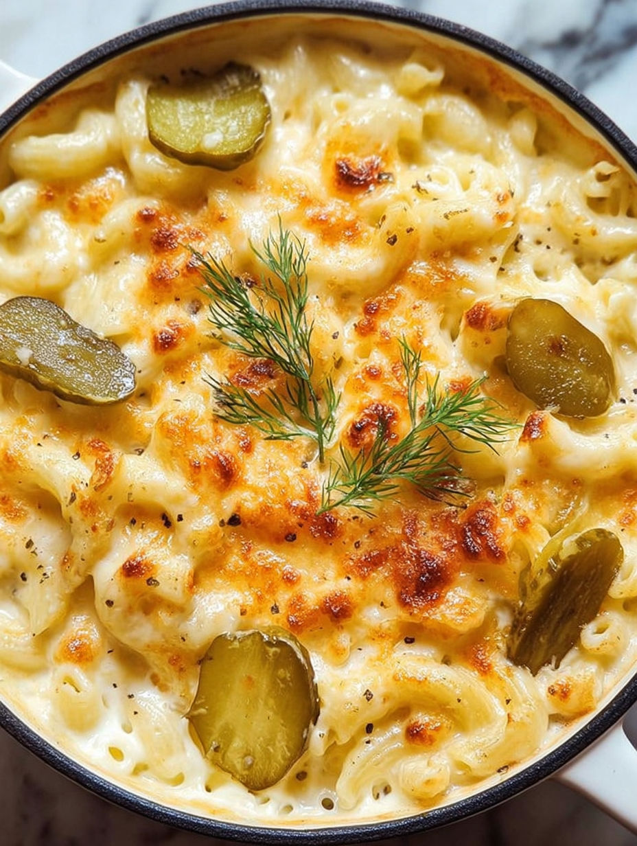 A bowl of mac and cheese with a pickle on top.