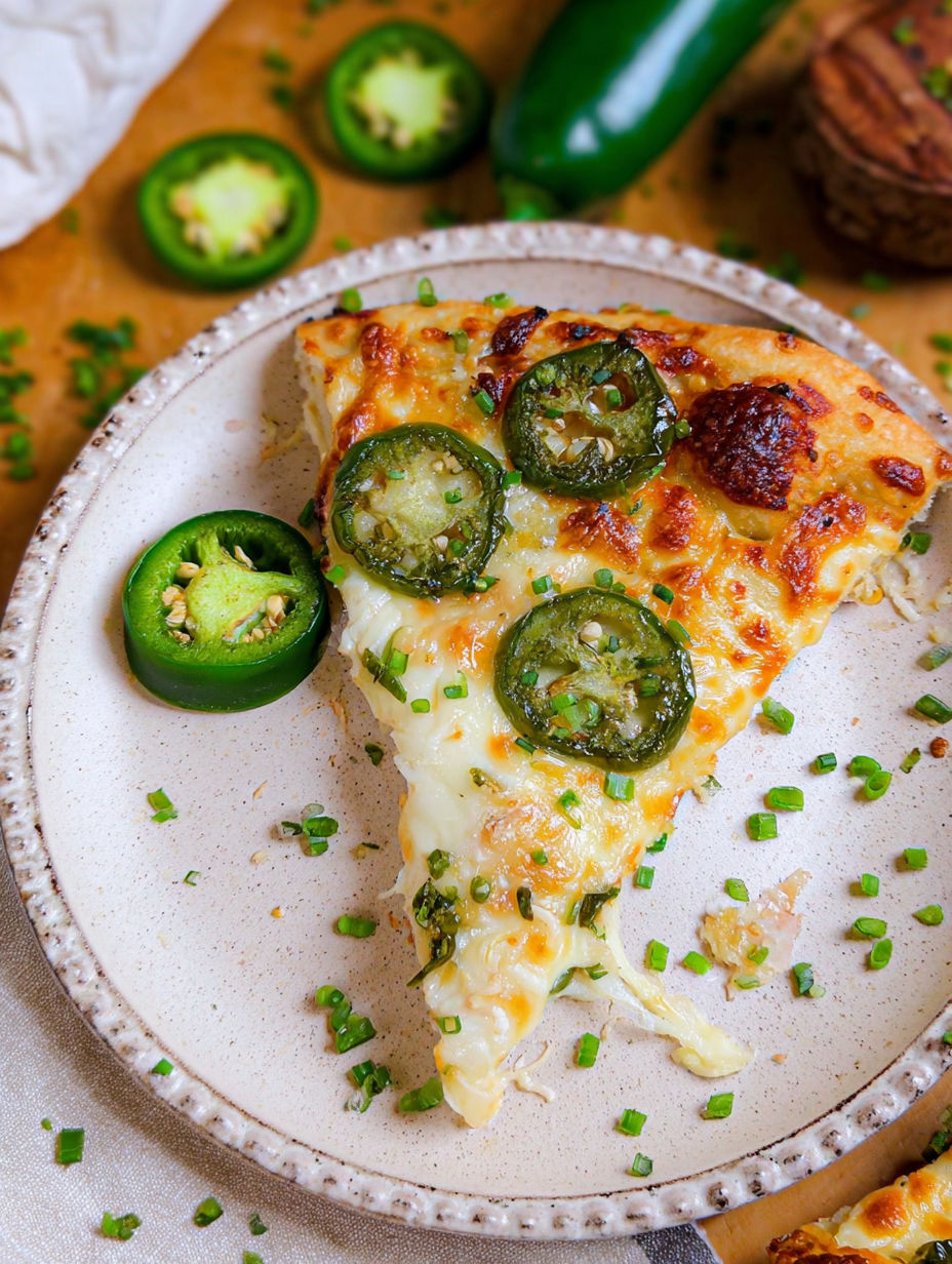 A slice of jalapeno popper pizza on a plate.