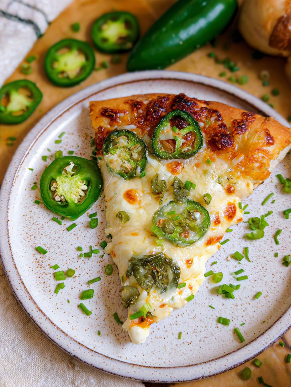 A slice of pizza with jalapenos on top.