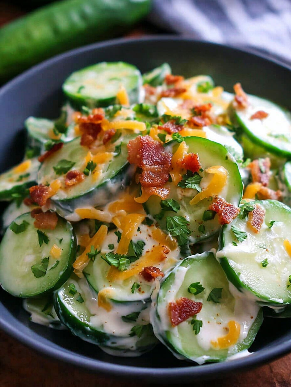 A bowl of cucumber salad with bacon bits.