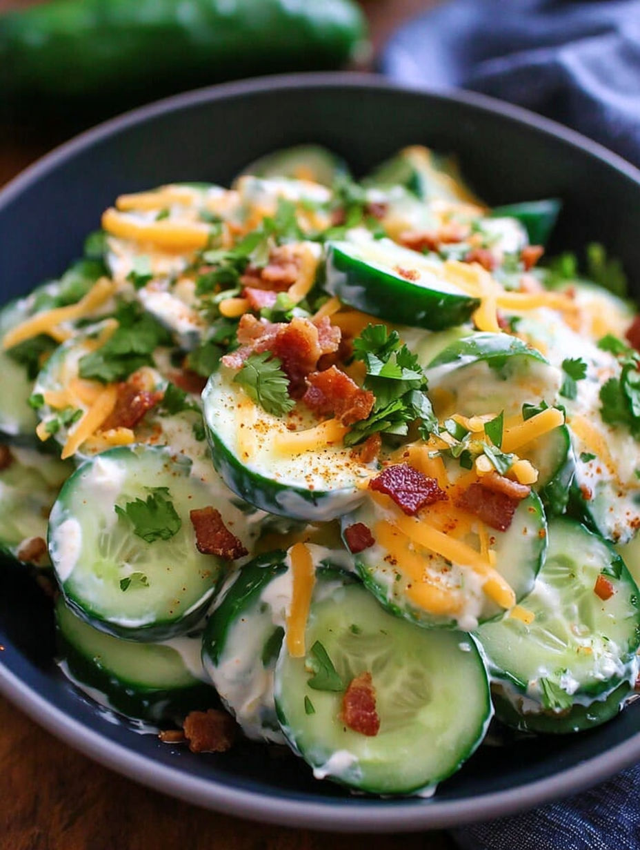A bowl of food with cucumbers and cheese.