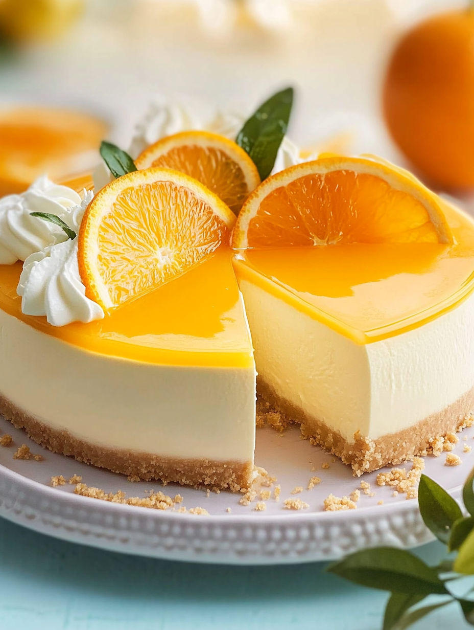 A slice of creamsicle cheesecake with orange slices on top.