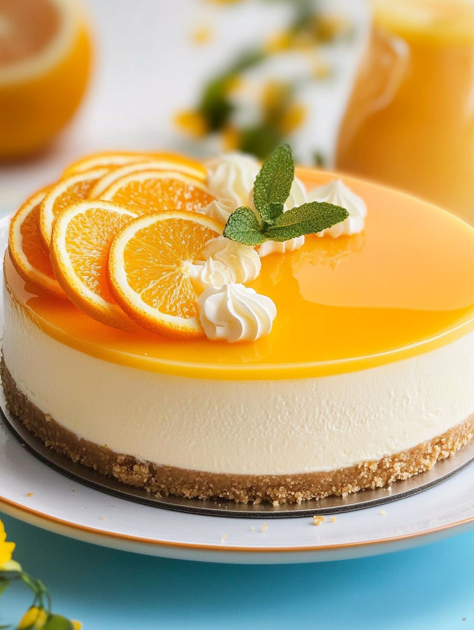 A slice of creamsicle cheesecake with orange slices on top.