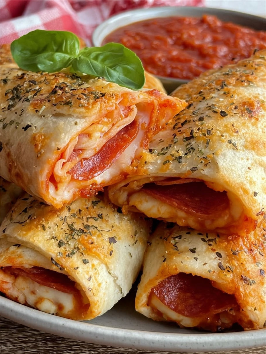 A plate of pizza burritos with cheese and tomato sauce.