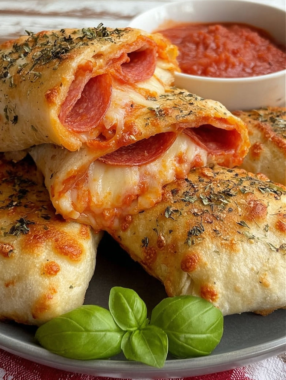 A pizza burrito with tomato sauce and cheese.