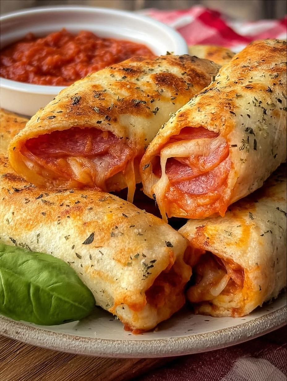 A plate of pizza burritos with sauce.