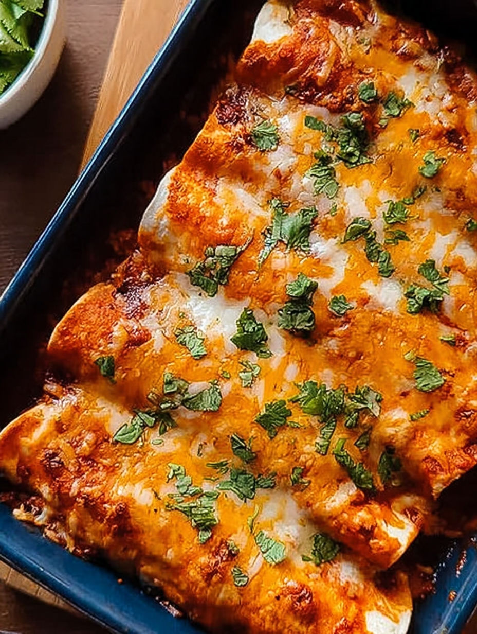 A dish of easy bean and cheese enchiladas.