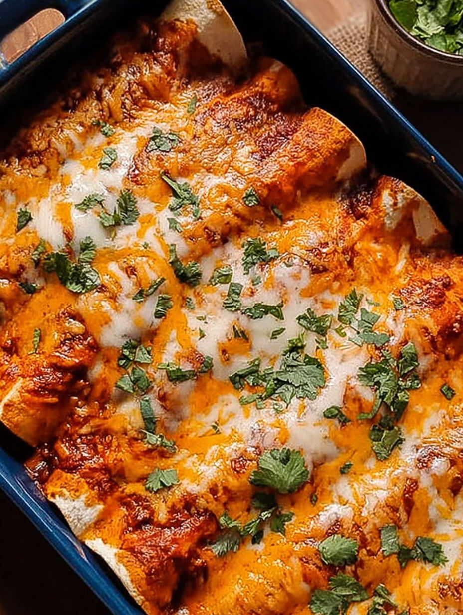 A blue bowl filled with a cheesy, meat and vegetable dish.
