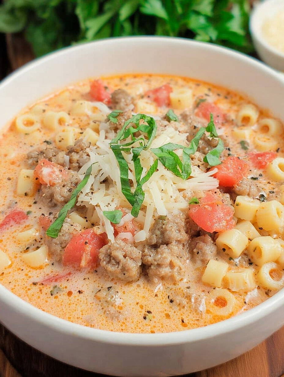 A bowl of creamy Parmesan Italian sausage soup.