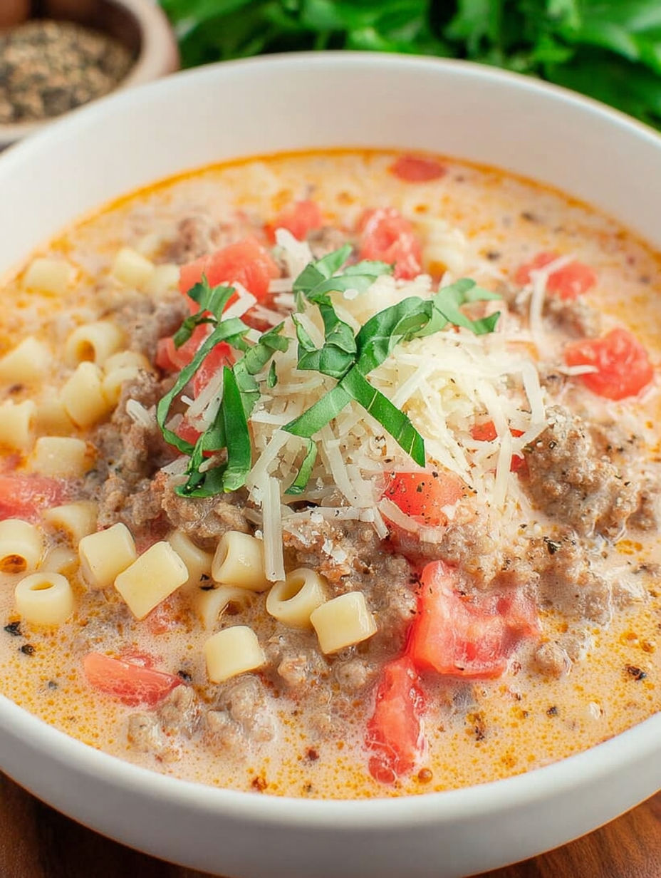 A bowl of creamy Parmesan Italian sausage soup.