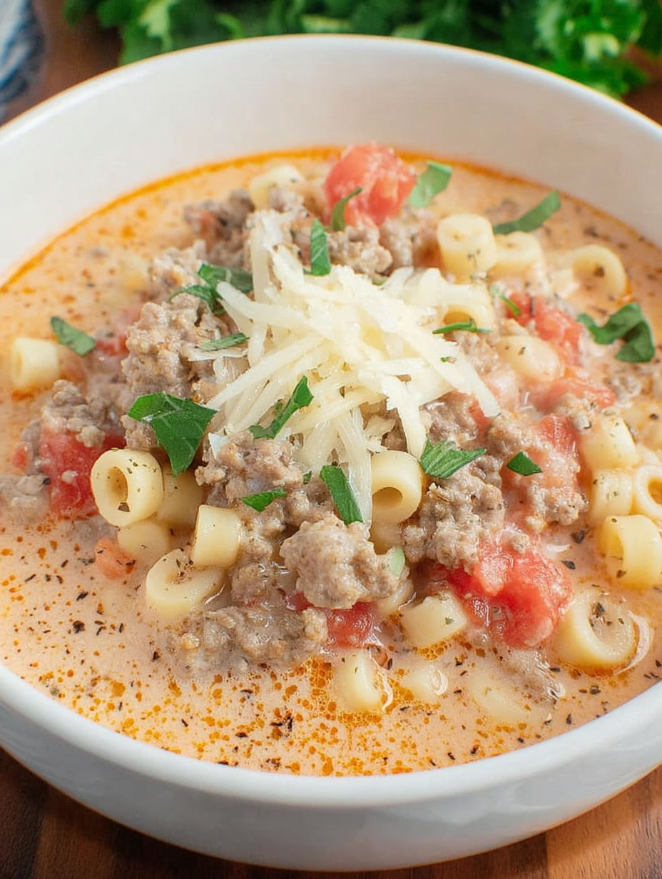 A bowl of creamy Parmesan Italian sausage soup.