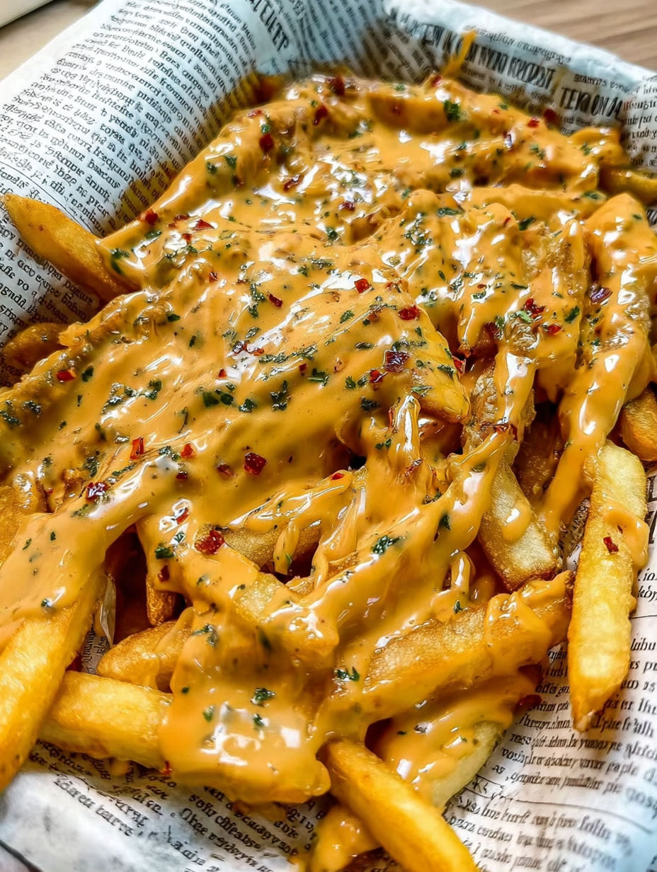 A plate of fries with cheese and peppers.