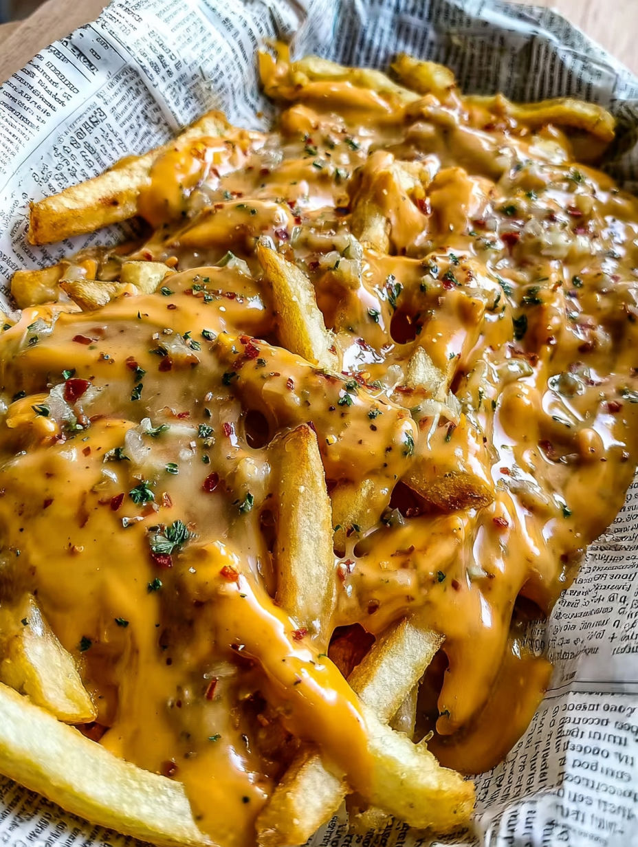 A plate of fries with cheese and sauce.