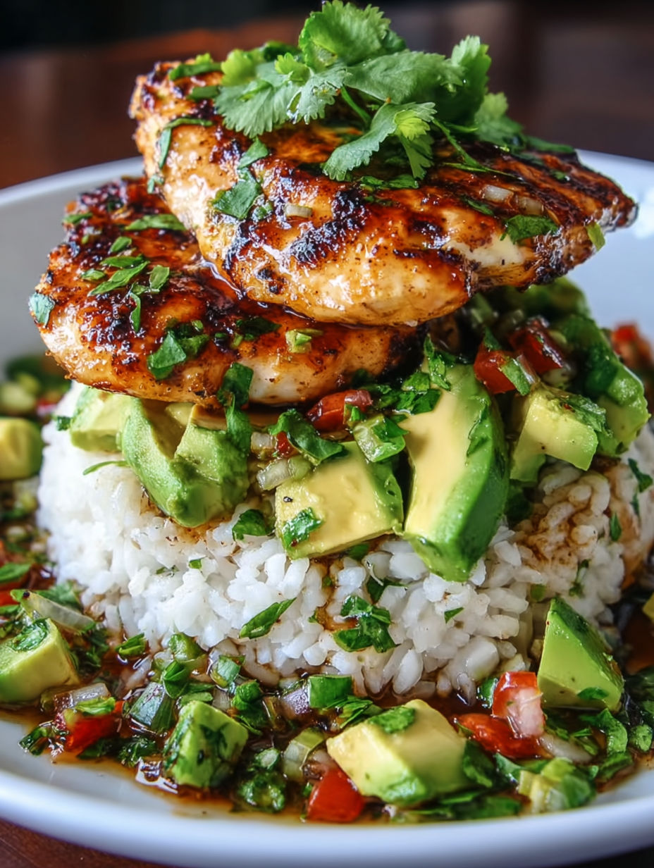 A plate of food with rice, chicken, and avocado.