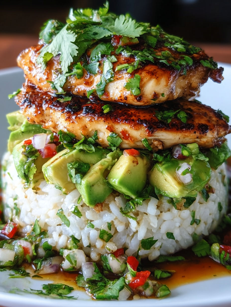 A stack of chicken and avocado on rice.