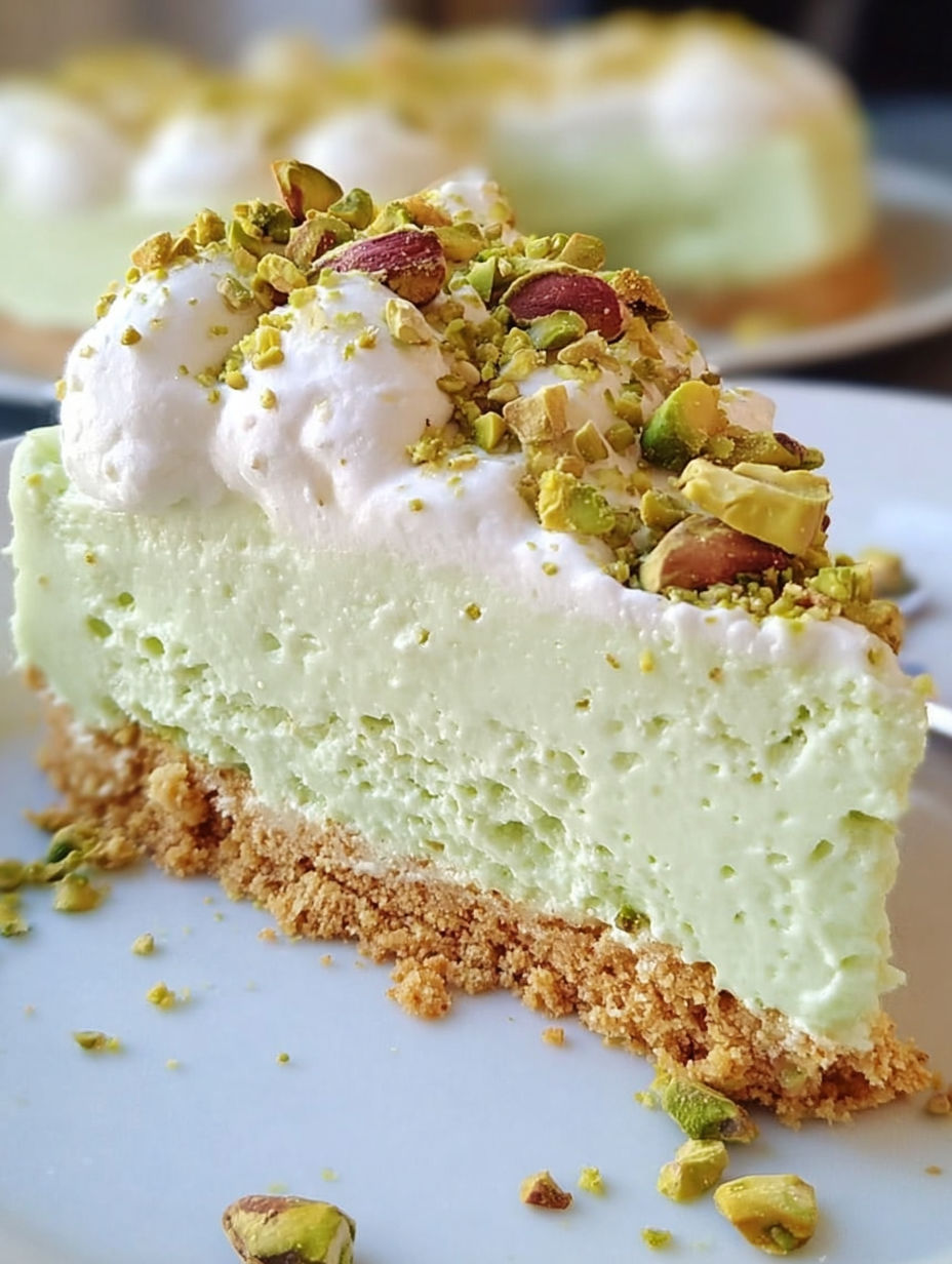 A slice of no-bake pistachio cheesecake.