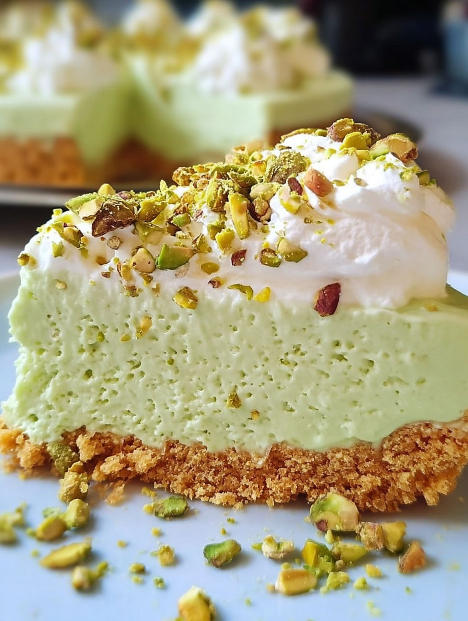 A slice of pistachio cheesecake with a crust.