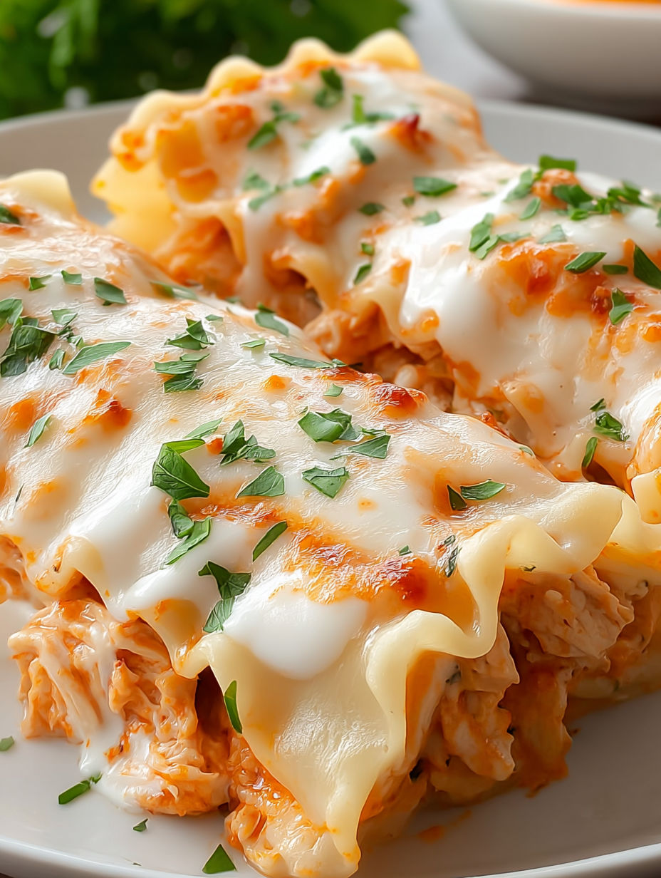 A plate of creamy buffalo chicken lasagna roll ups.