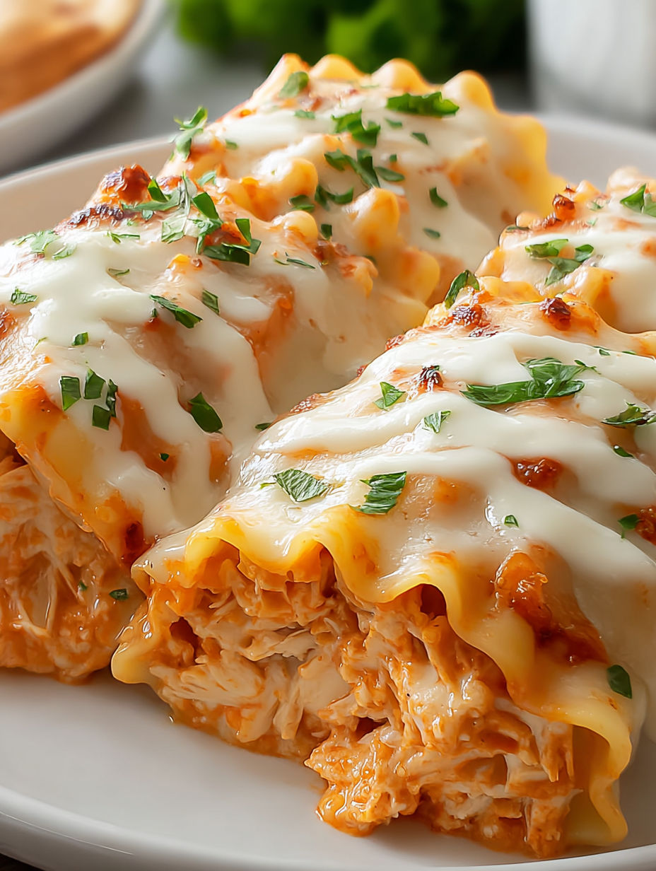 A plate of creamy buffalo chicken lasagna roll ups.