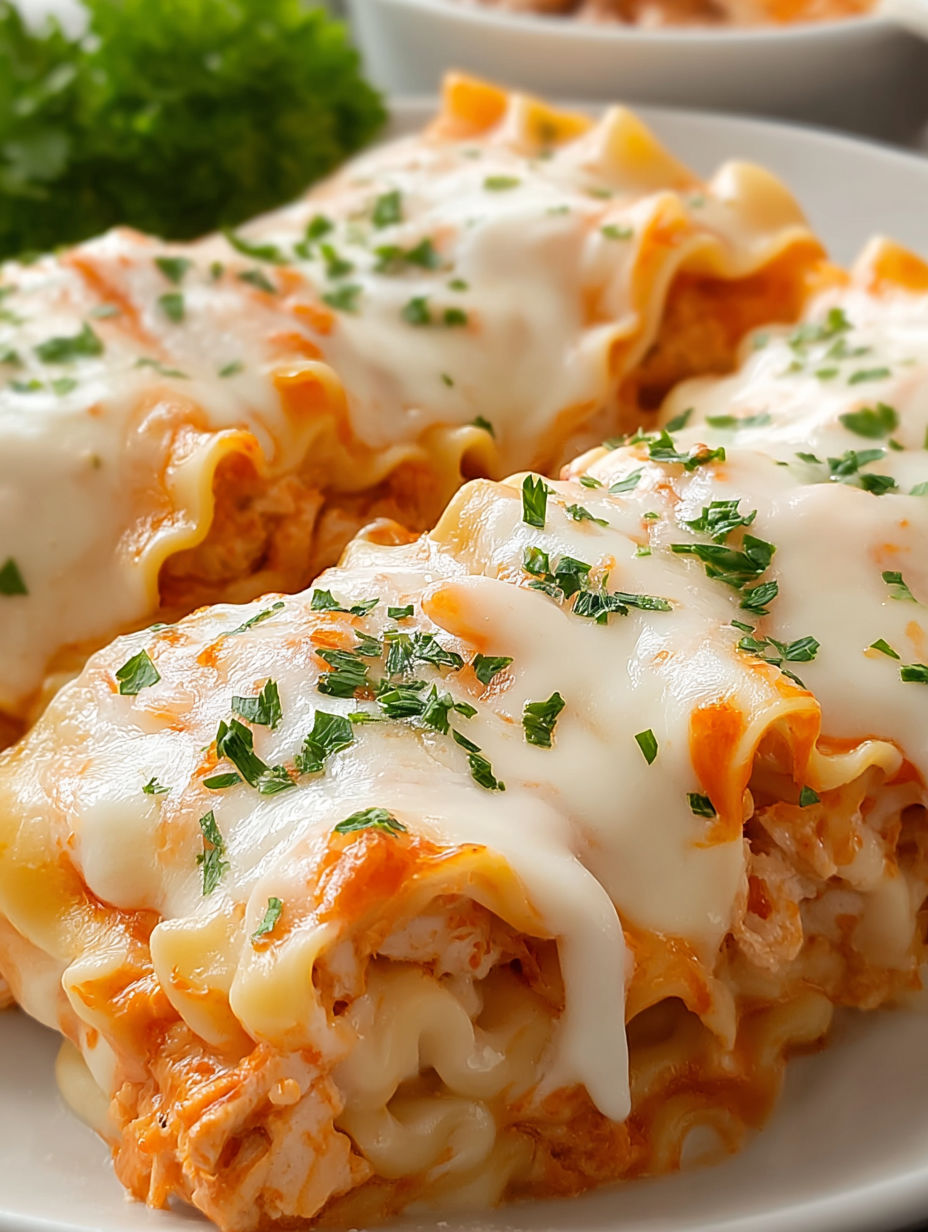A plate of creamy buffalo chicken lasagna roll ups.