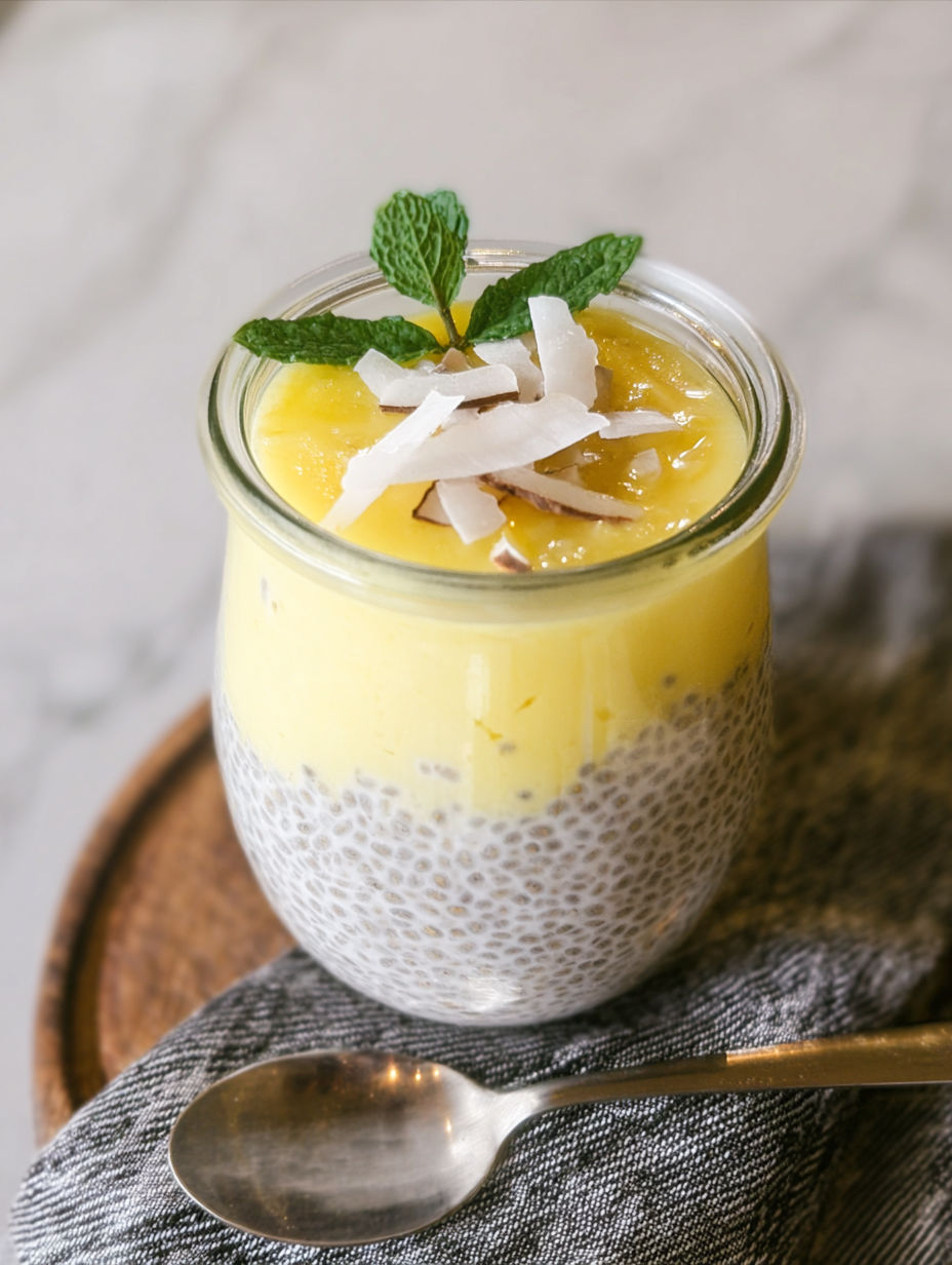 A glass of chia pudding with coconut topping.