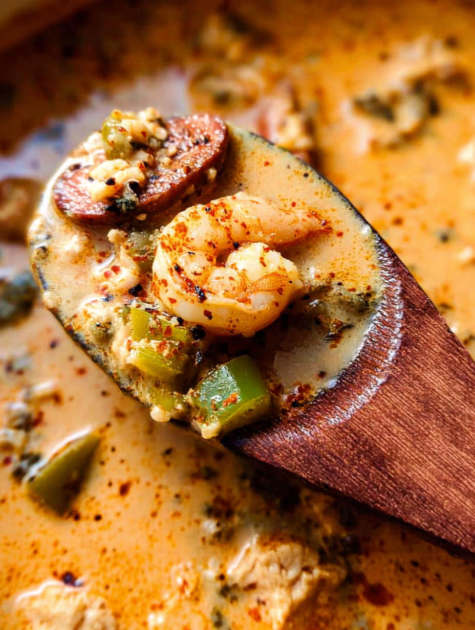 A wooden spoon in a bowl of Cajun white chicken chili.