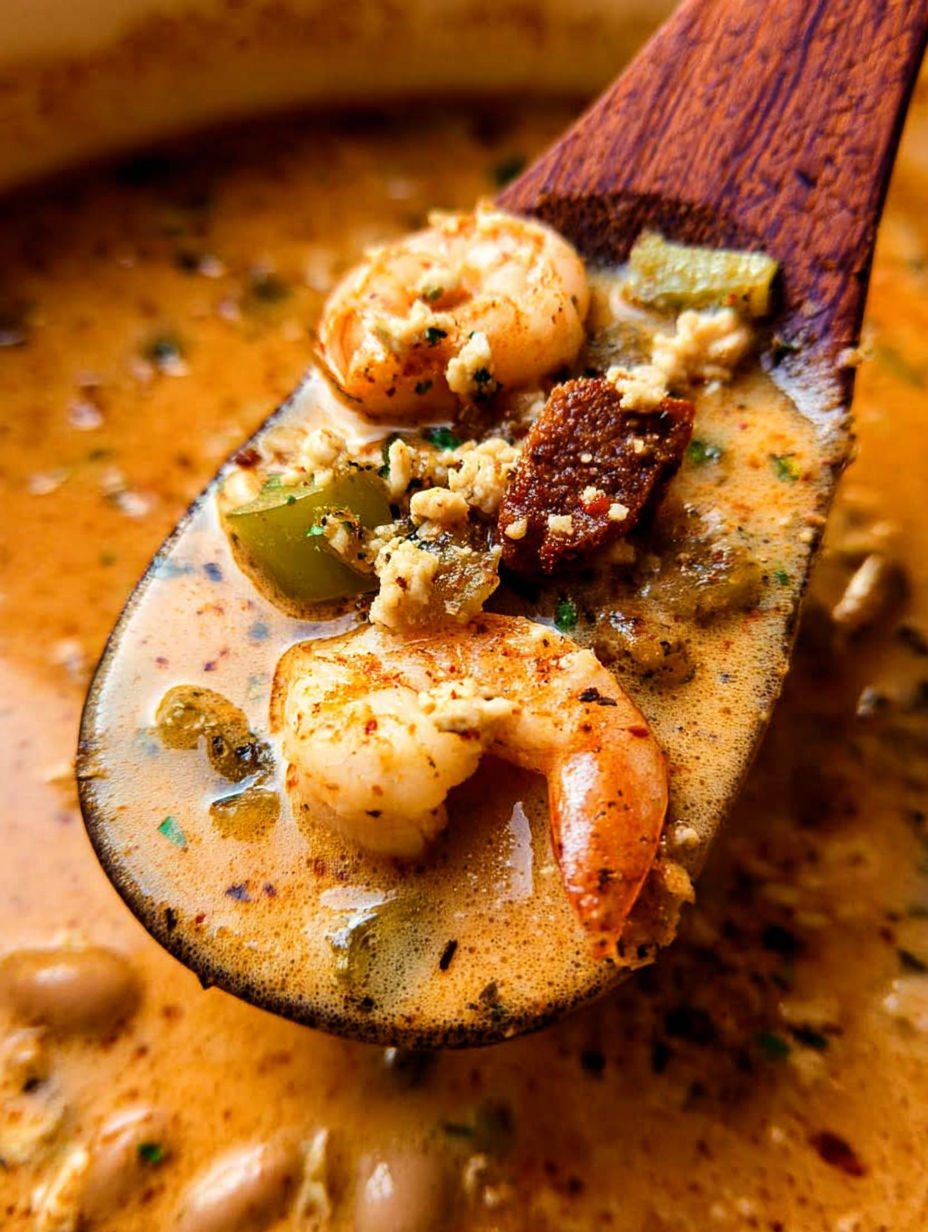 A wooden spoon in a bowl of Cajun White Chicken Chili.
