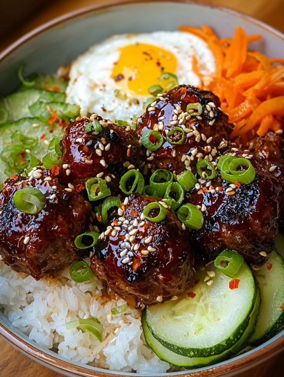 A plate of food with meatballs, rice, and vegetables.