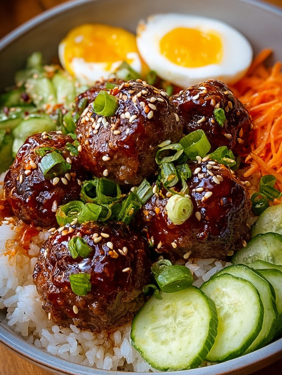 A plate of food with meatballs, rice, and vegetables.