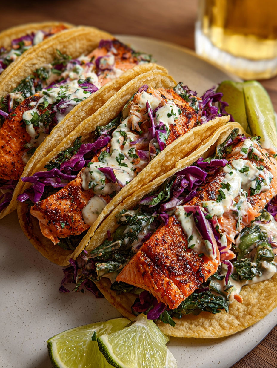 Blackened salmon tacos with purple cabbage and cream.