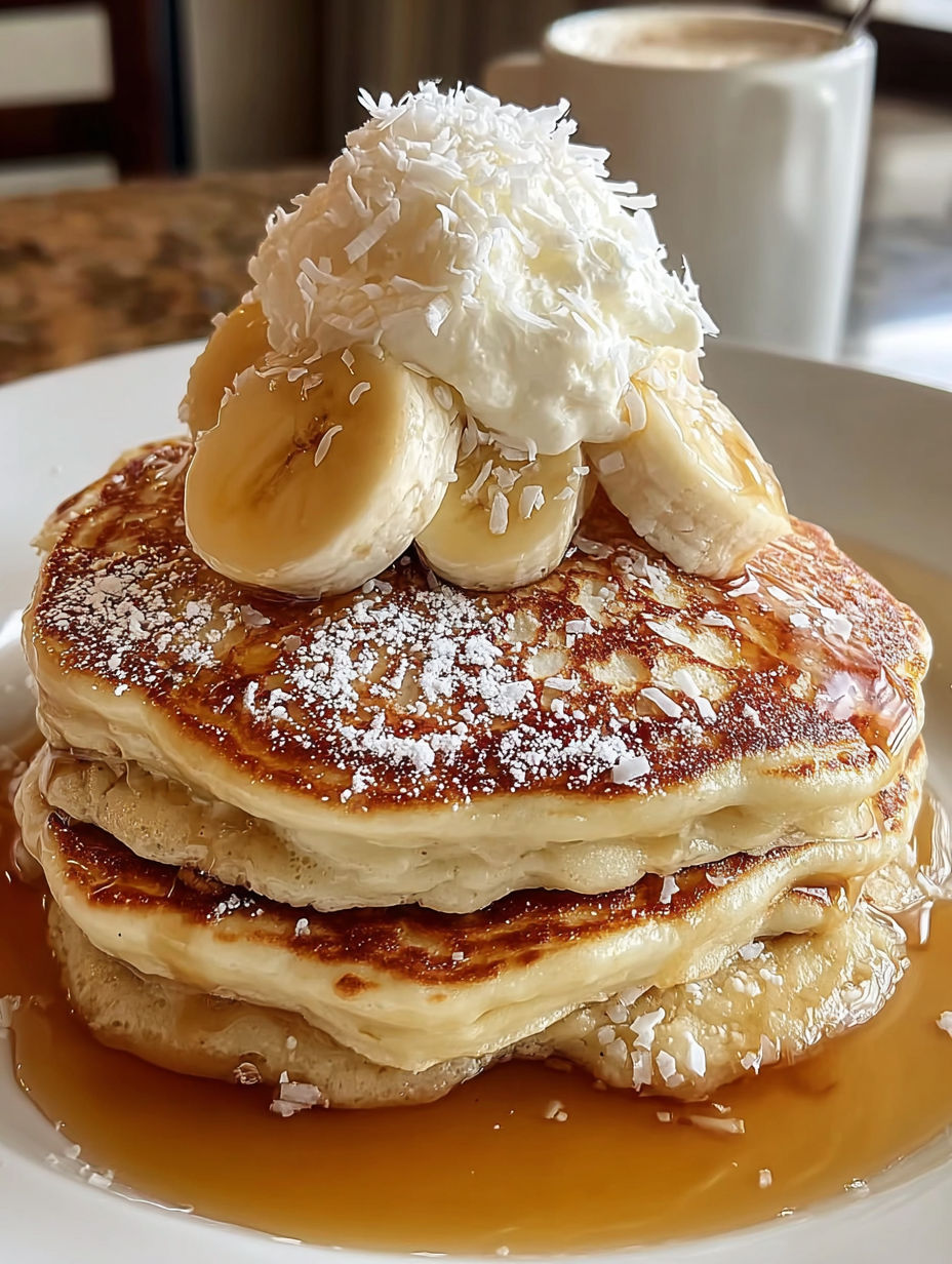 A stack of pancakes with bananas and coconut cream on top.