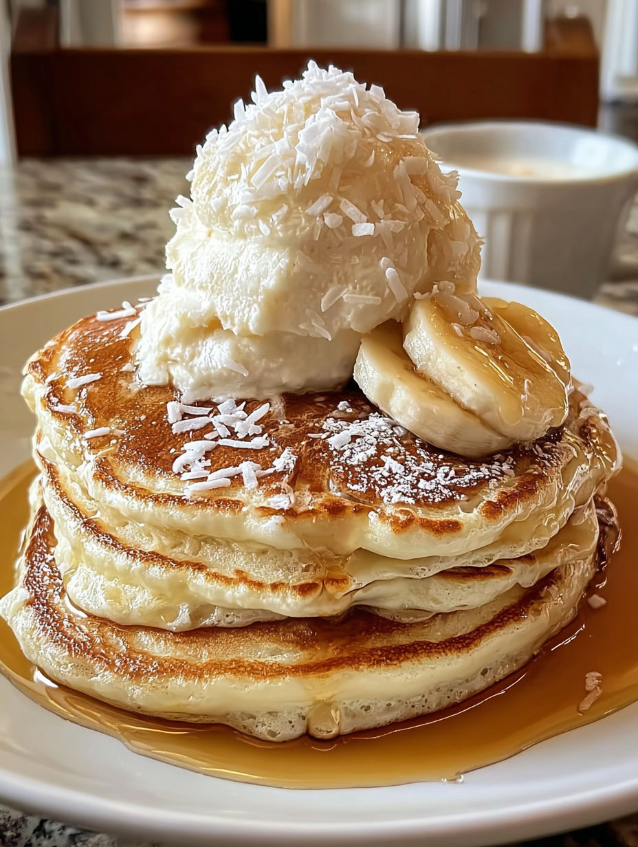 A stack of pancakes with coconut cream on top.