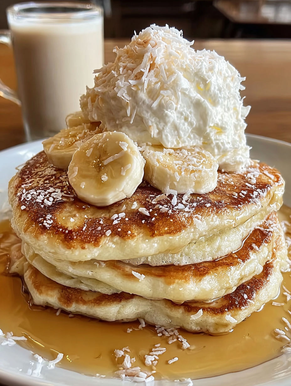 A stack of pancakes with bananas and coconut cream on top.