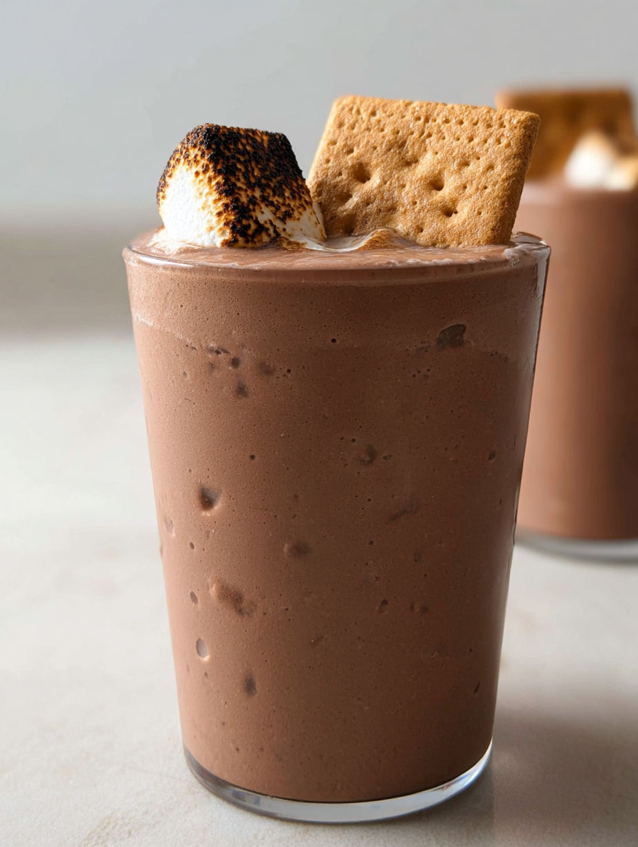 A glass of chocolate milk with a marshmallow and a cookie on top.