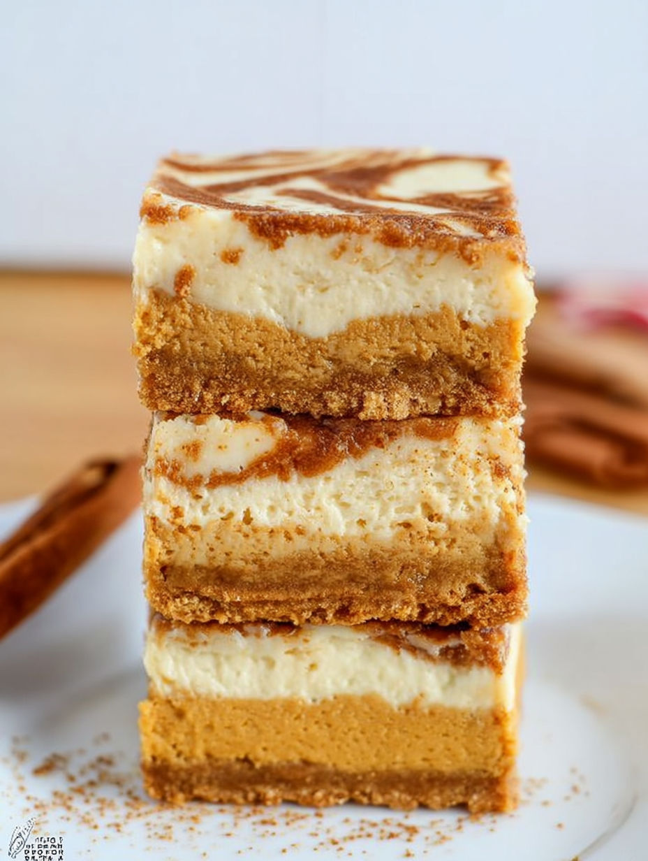 Three layers of pumpkin cheesecake bars.
