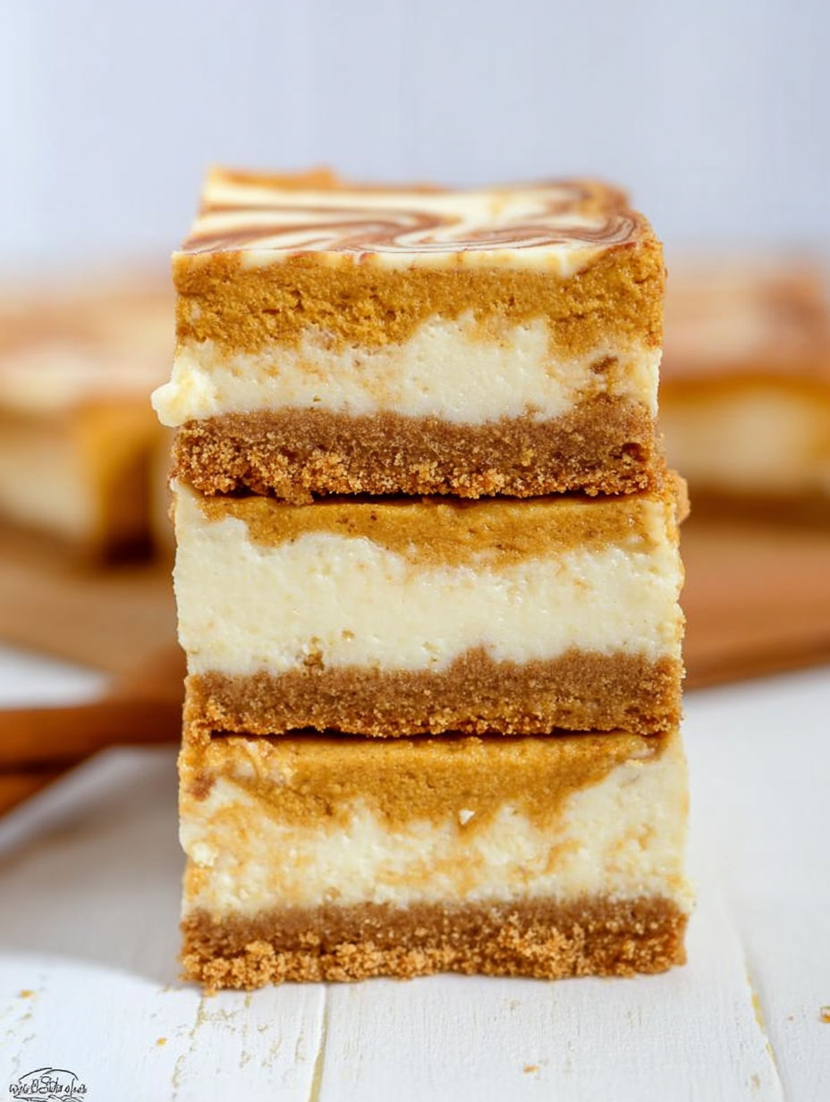 Three layers of pumpkin cheesecake bars.